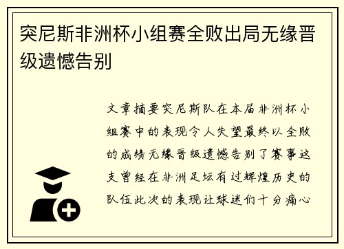 突尼斯非洲杯小组赛全败出局无缘晋级遗憾告别